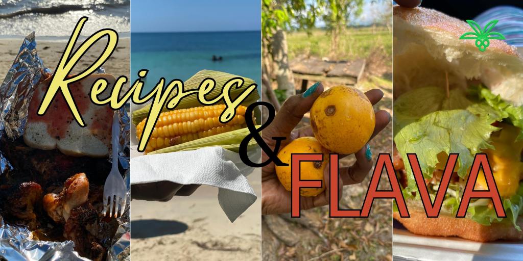 4 images to make one design. 1st image is Jamaican jerk chicken with bread in alumni foil with beach in background. 2nd image is boiled corn in husk with beach in the background. 3rd image a female holding 2 Jamaican june plum. 4. Jamaican bookie sandwich with lettuce, cheese, shrimp. Di Trimaican logo to the top right of design. 