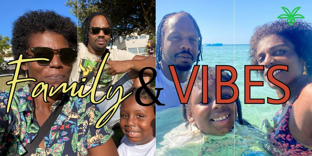 Two pictures of a family of three. One picture at the beach and the other picture in the city. the words Family and Vibes in front of pictures. DiTrimaican logo in right corner. 